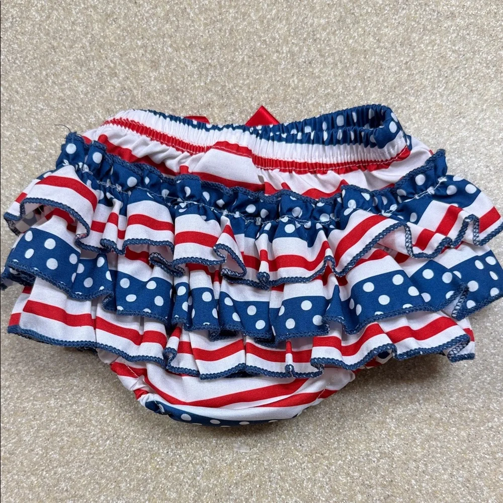 American Flag Ruffle Bloomers, Stripes & Dots with Red Bow, Sz 6-9 Months